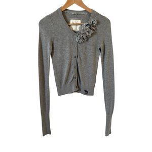 Abercrombie Women Cardigan Sweater XS Gray VNeck Moose Logo Y2K Coquette Preppy